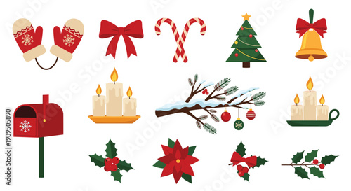 Set of colorful Christmas elements including mittens bells candles candy canes holly and a red mailbox for holiday decorations.