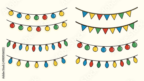 Colorful hand-drawn doodle vector festive string lights and party pennant banners for holiday decorations and celebrations