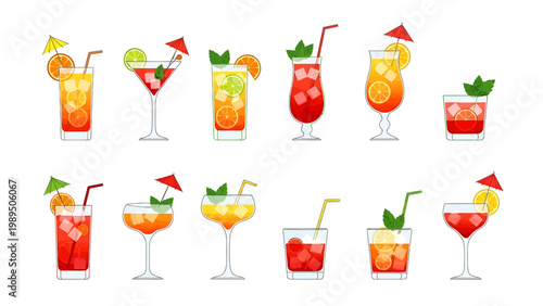 Colorful assortment of refreshing alcoholic and non-alcoholic cocktails in diverse glasses with vibrant fruit garnishes. Ideal for summer parties, bar menus, or graphic design