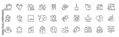 House cleaning outline icon set: editable thin line symbols for cleaning tools and hygiene concepts