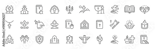 Photography Christian symbols outline icon set: editable stroke, thin line faith and religio