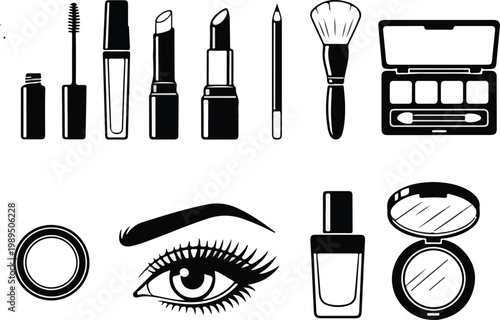 Set of brushes for make up, vector illustration make up beauty doodle hand drawn icon set. Outline drawing cosmetics line clipart symbol