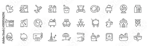 Cleaning and hygiene outline icon set. editable stroke thin line symbols for household and sanitation