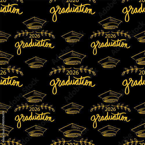 Seamless pattern with hand drawn graduation hats. Vector illustration.