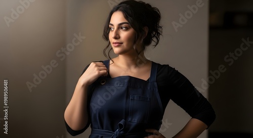 Woman wearing apron looking away indoors natural light studio portrait