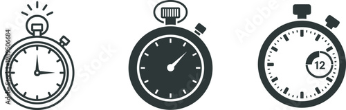 Stopwatch and timer icon set featuring mechanical analog clocks for measuring speed and performance isolated on white background cad drawing flat vector illustration for business.