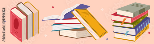 Colorful book collection set with multiple stacks and piles of books. Education and learning theme, scientific or fiction literature. Reading concept. Vector illustration isolated on white background.