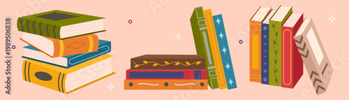 Colorful book collection set with multiple stacks and piles of books. Education and learning theme, scientific or fiction literature. Reading concept. Vector illustration isolated on white background.