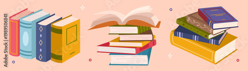 Colorful book collection set with multiple stacks and piles of books. Education and learning theme, scientific or fiction literature. Reading concept. Vector illustration isolated on white background.