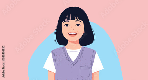 Portrait of a happy young girl with short black hair and dental braces smiling brightly while wearing a stylish purple knitted vest.