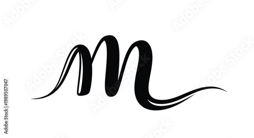 Elegant calligraphic letter m written with a black fluid brush stroke style featuring sweeping curves and loops on a clean white background.