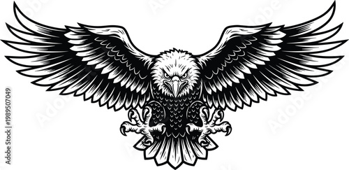 Majestic bald eagle with wings spread wide, detailed black and white illustration, symbol of freedom and America