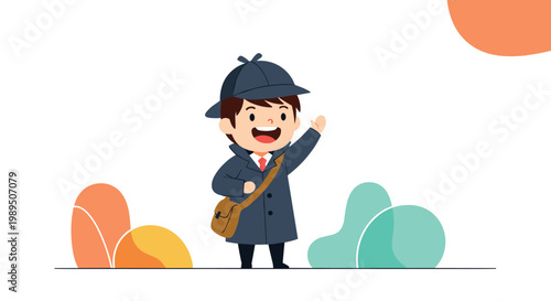 Friendly young boy dressed as a detective in a grey trench coat and deerstalker hat waving his hand near colorful abstract bushes.