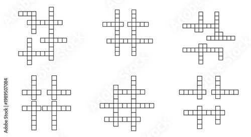 Collection of black and white crossword puzzle grids or word game layouts showing different square arrangements and connecting paths.