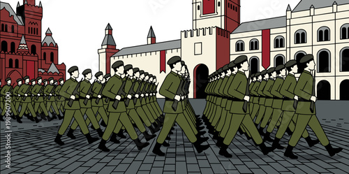 Soldiers marching in formation on historic city square military parade discipline tradition concept