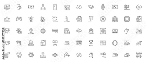 Technology icon set. Vector tech icons collection including AI, VR, cloud computing, smartphone, robot, gaming, network, cybersecurity, data analytics and more. Editable stroke.