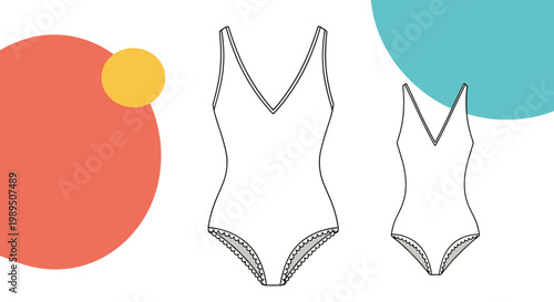 Technical fashion illustration showing the front view of two different sized one-piece swimsuits with scalloped edges.