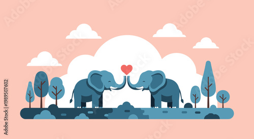 Romantic illustration of two blue elephants touching trunks with a red heart floating between them in a landscape.