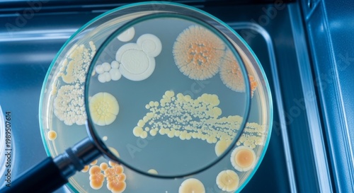 Bacterial Colonies Growing in Petri Dish Examined Under Magnifier