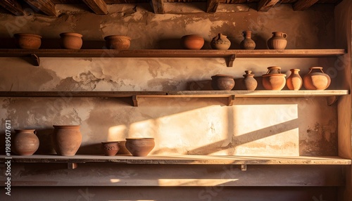 rustic pottery display on wooden shelf with warm natural lighting