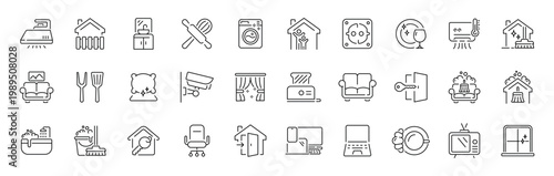 Home appliance outline icon set: editable stroke symbols for interior and home tools
