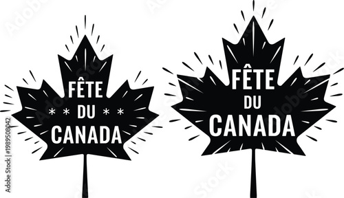 Fete du Canada French text on stylized black maple leaves with radiating lines, vector graphic.