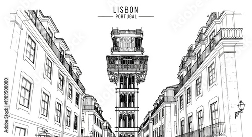 Black and white line drawing of the Santa Justa Lift flanked by Lisbon buildings