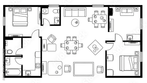A detailed 2D AutoCAD icons layout showcases various interior designs and furniture arrangements within a spacious home.
