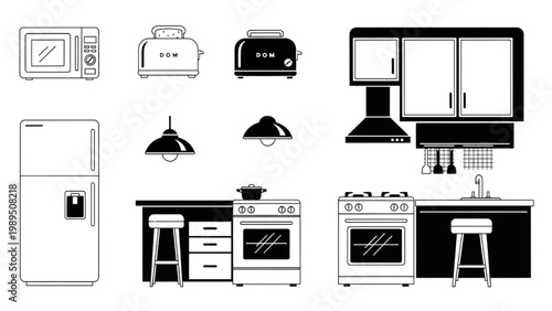 Collection of 2D AutoCAD icons for kitchen appliances and furniture