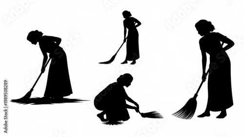 Indian Woman Sweeping Yard Silhouette Vector Set – Traditional Outdoor Cleaning Pose Collection