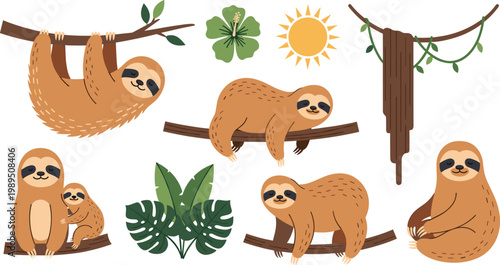 Set of Charming Sloth Illustrations Featuring Adults Hanging from Branches Mothers With Babies and Relaxed Poses Amidst Tropical Jungle Leaves and Hibiscus Flowers for Nature Graphic Designs