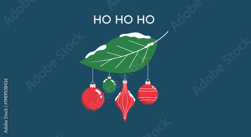 Creative winter decoration featuring a green leaf with snow and hanging colorful baubles with the text Ho Ho Ho.