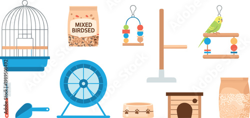 Set of Professional Pet Care and Small Animal Accessory Illustrations Featuring Bird Cage Mixed Birdseed Exercise Wheel Budgie Perch and Wooden Hamster House for Veterinary Graphic Designs