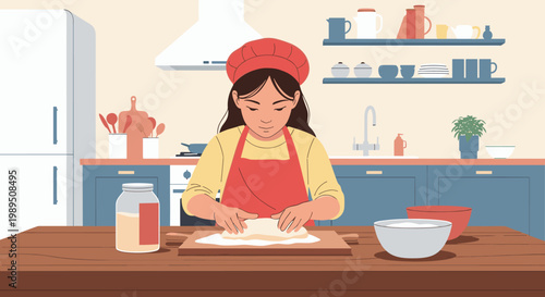 Young girl in a chef hat and red apron focused on kneading dough on a wooden table in a well-equipped kitchen.