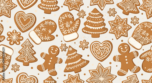Festive seamless pattern of various decorated gingerbread cookies including stars, hearts, and trees for Christmas.