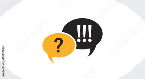 Overlapping speech bubbles containing a question mark and exclamation points symbolizing communication and surprise.
