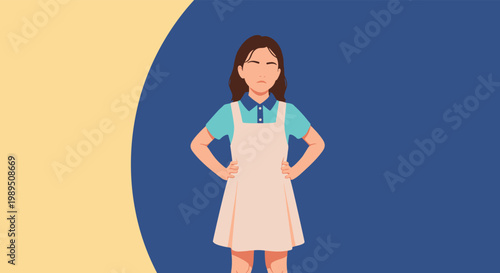 Girl with a grumpy and angry expression standing with her hands on her hips against a blue and yellow background.
