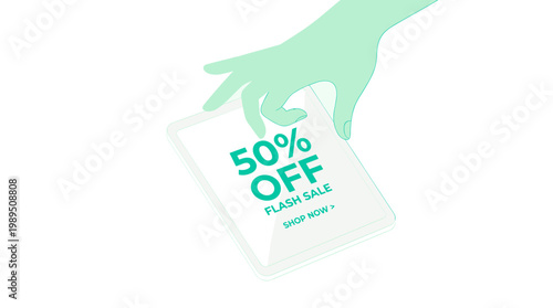 Hand holding sale box with fifty percent off discount offer for online purchase promotion illustration
