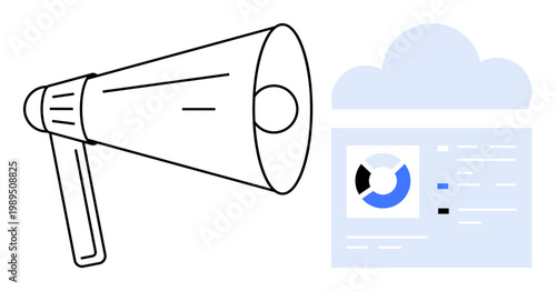 Digital communication concept. Digital tools optimize communication with a megaphone and cloud dashboard. Digital tools enhance business communication and marketing. For media, data, SaaS, marketing