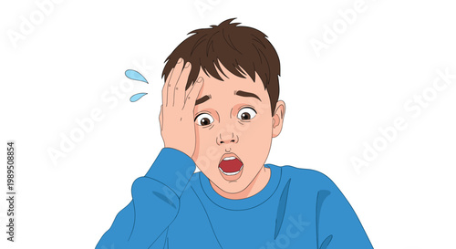 Close up portrait of a young boy with a shocked facial expression touching his head with his hand against a plain white background.