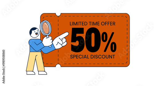 Happy customer revealing impressive fifty percent special discount ticket vector illustration design concept