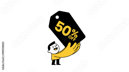Happy customer holding large fifty percent off sale price tag illustration vector graphic design concept