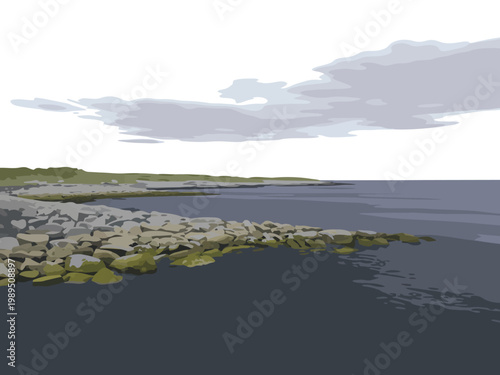 Coastline rocks along the ocean shore create a serene landscape under a soft overcast cloudy sky.