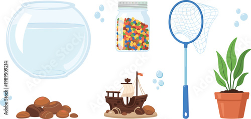 Aquarium and Fish Care Supplies Vector Set Featuring Glass Fish Bowl Fish Food Jar Landing Net Shipwreck Decor and Aquatic Plant Isolated on White Background