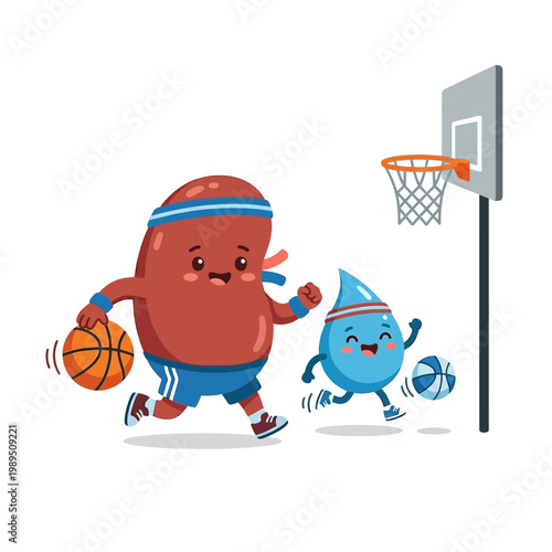 A cartoon character wearing blue shorts plays basketball with a blue water drop character.