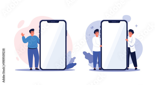 Two men interacting with giant blank smartphones in separate scenes featuring abstract colorful backgrounds and leafy plant elements.