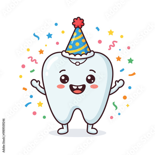A cheerful tooth character celebrates with a colorful party hat and confetti surrounding it.