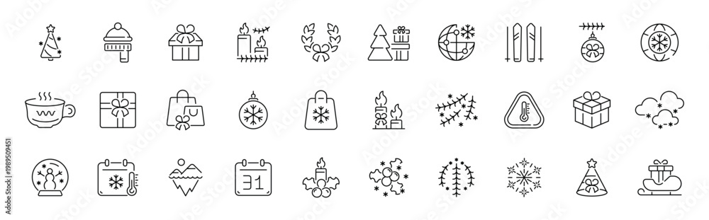 Naklejka premium Christmas and winter holiday outline icon set in thin line style with editable stroke