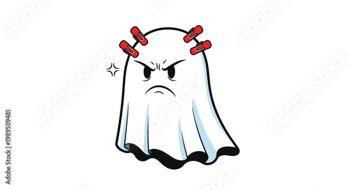 Funny cartoon ghost character with a very angry facial expression wearing four red hair clips on its head on a white background.