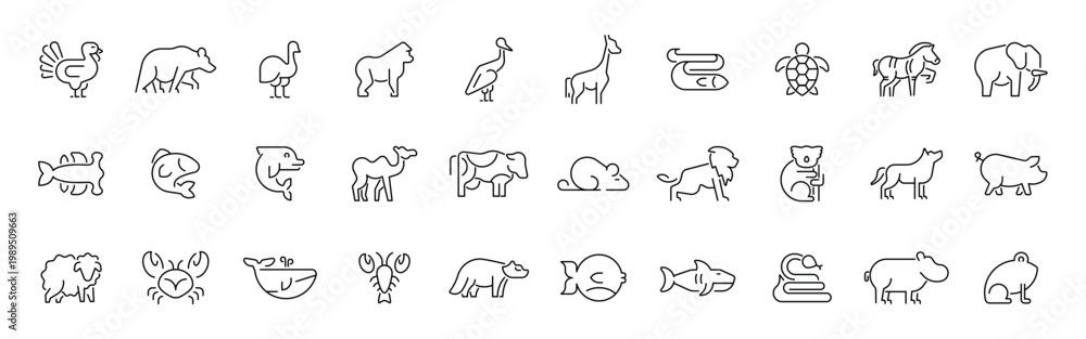 Fototapeta premium Animal outline icon set with editable stroke for wildlife and nature concepts in thin line style